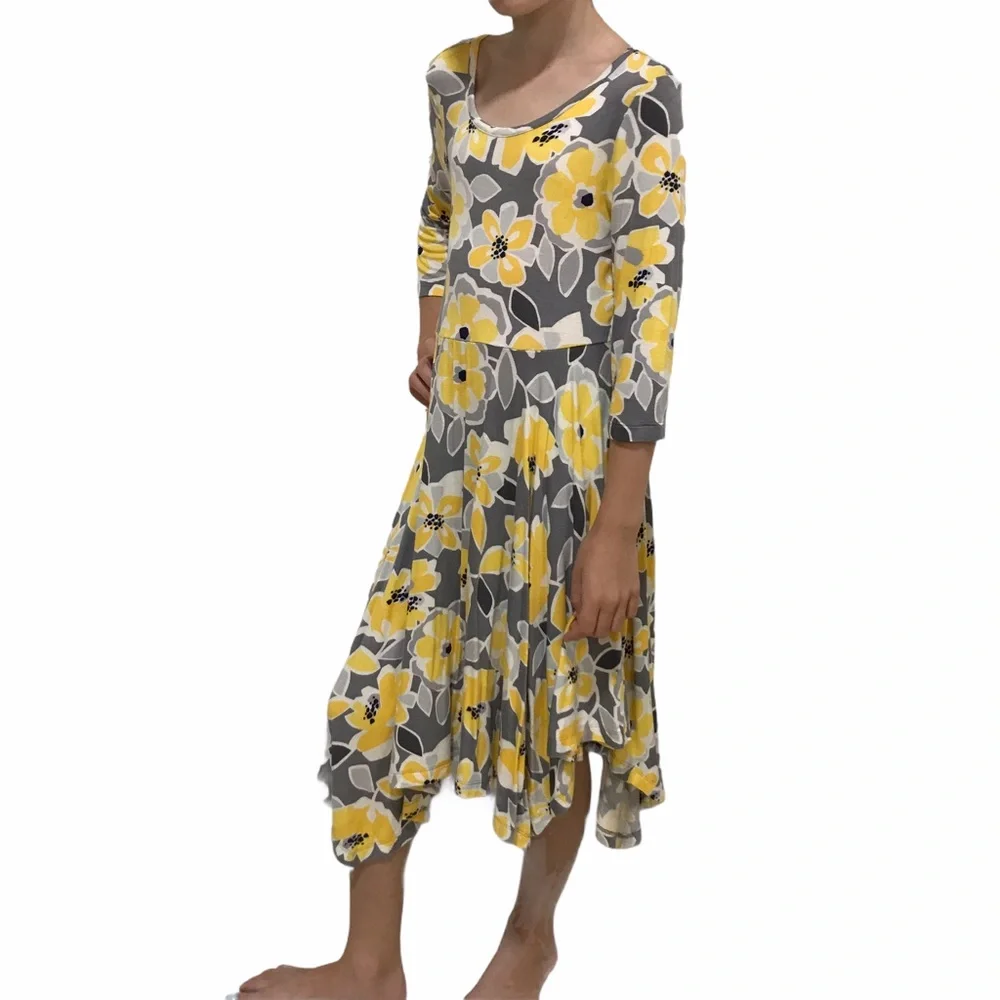 GYMBOREE Maxi Dress Size 6 A-Symmetrical Yellow Gray Floral 3/4 Sleeve